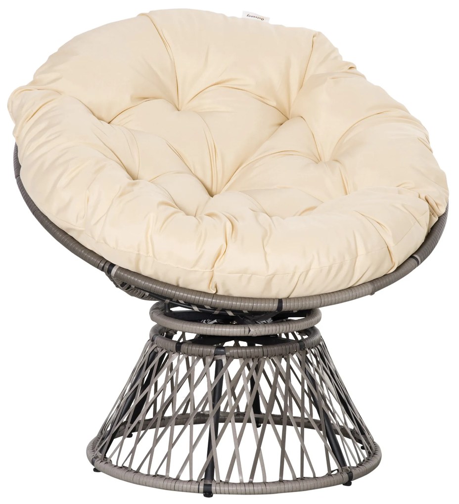 Outsunny Poltrona Papasan Giratória de Vime Sintético com Almofada e Estrutura de Aço para Jardim Pátio 87x97x90 cm Cinza e Creme
