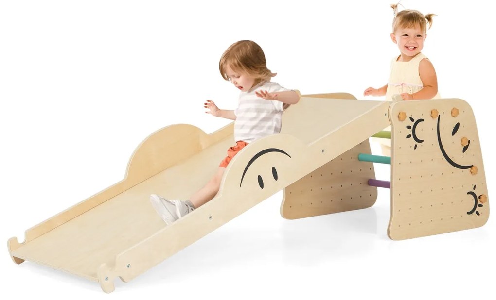 Conjunto de escada de madeira 6 em 1 com baloiço reversível e banco de degraus ajustável em altura para crianças Escada de escalada multicolorido