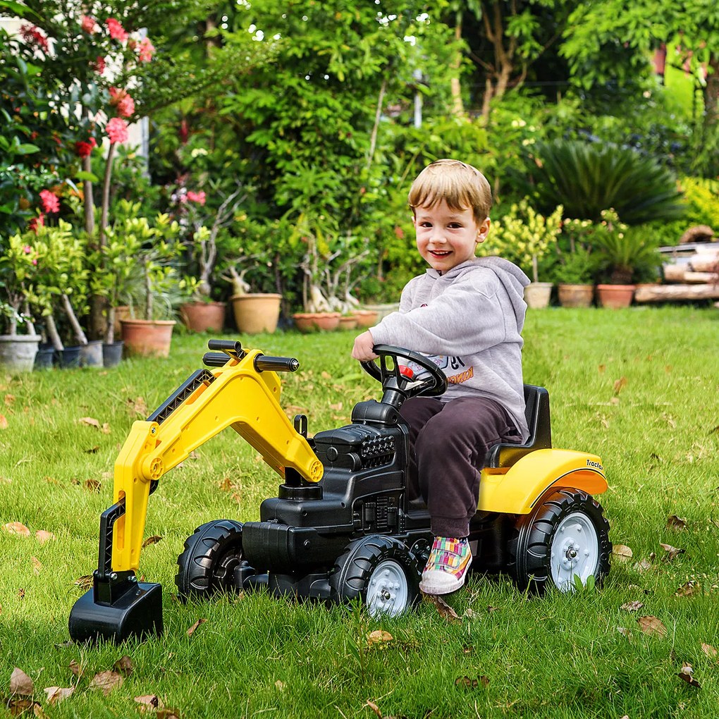 Trator a Pedais para Crianças Escavadora para Crianças com Pá Dianteira e Buzina Trator Infantil 107x42x71 cm Amarelo