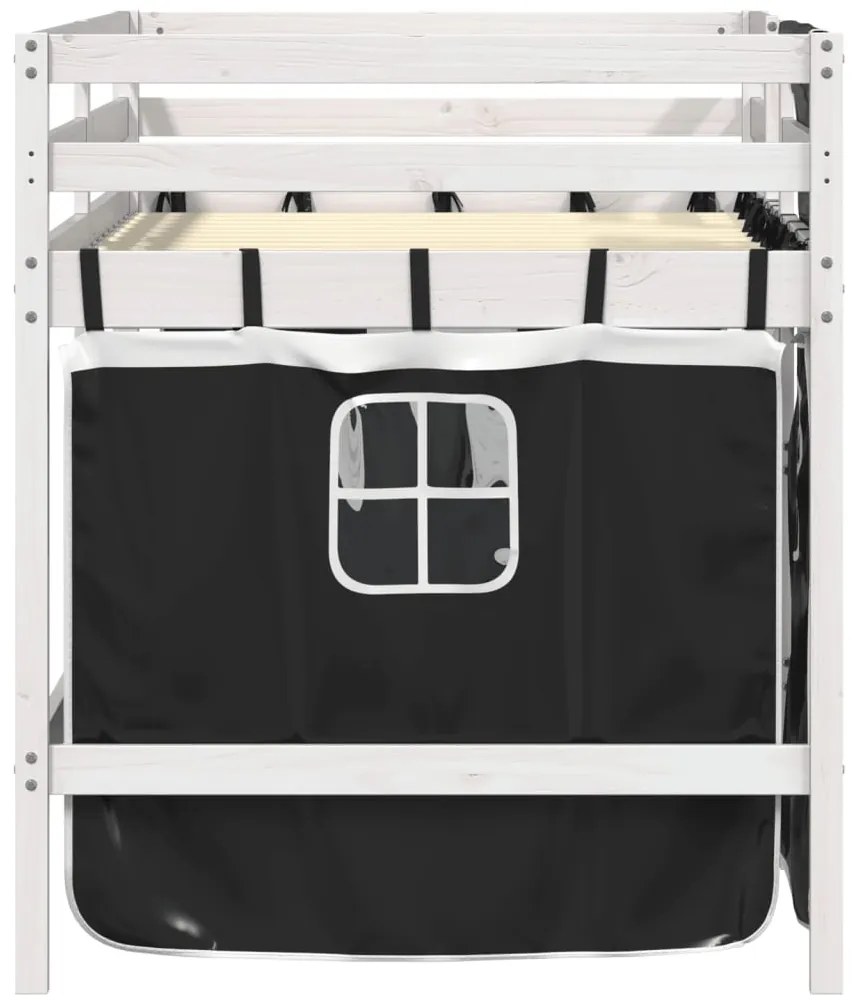 Cama alta criança c/ cortina 90x190cm pinho maciço branco/preto