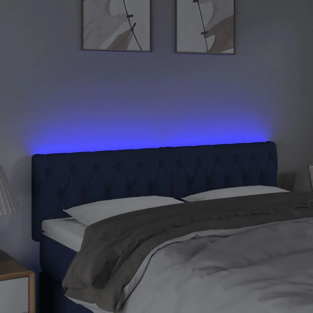 Cabeceira de cama c/ luzes LED tecido 160x7x78/88 cm azul