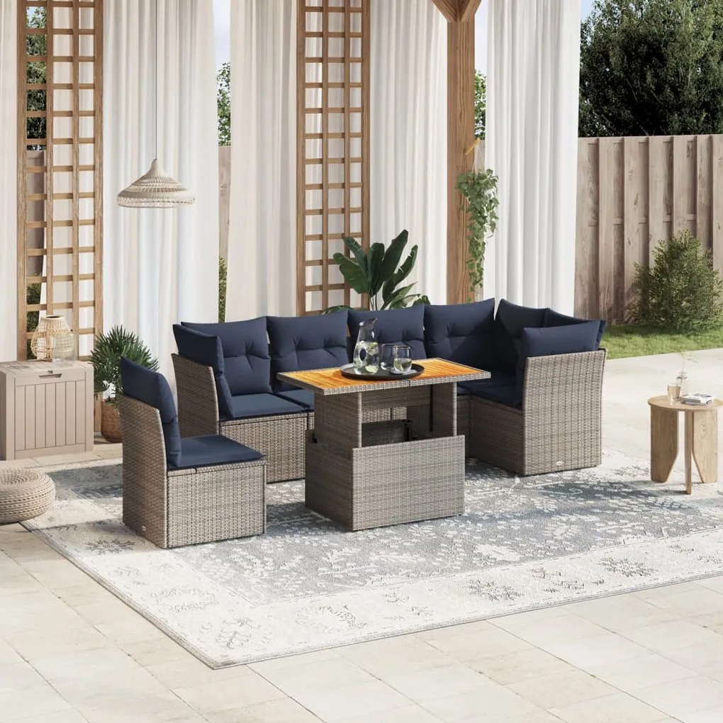 vidaXL 7 pcs conjunto sofás p/ jardim c/ almofadões vime PE cinzento