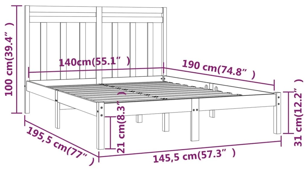 Estrutura de cama 140x190 cm madeira maciça