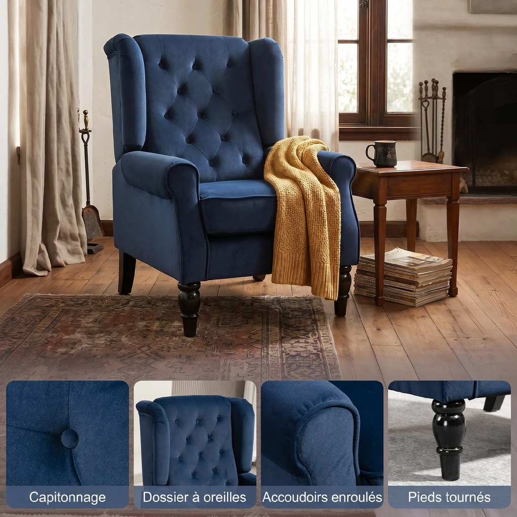 Poltrona de sala estofada com assento largo, pés de madeira, estilo clássico, grande conforto, 74x86x102 cm, azul escuro