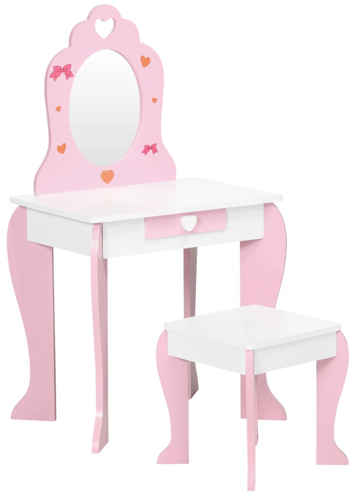 Toucador Infantil com Banco e Espelho Toucador Infantil de Madeira com Gaveta Mesa de Maquilhagem para Crianças entre 3-6 Anos 50x36,5x89,5cm Rosa