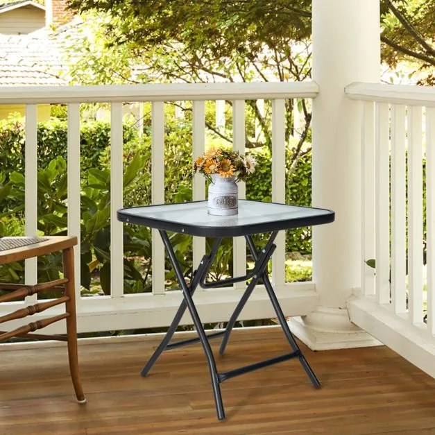 Mesa para jardim quadrada de 46,5 cm com estrutura resistente à ferrugem e tampo de vidro temperado para piscina e varanda jardim Preto