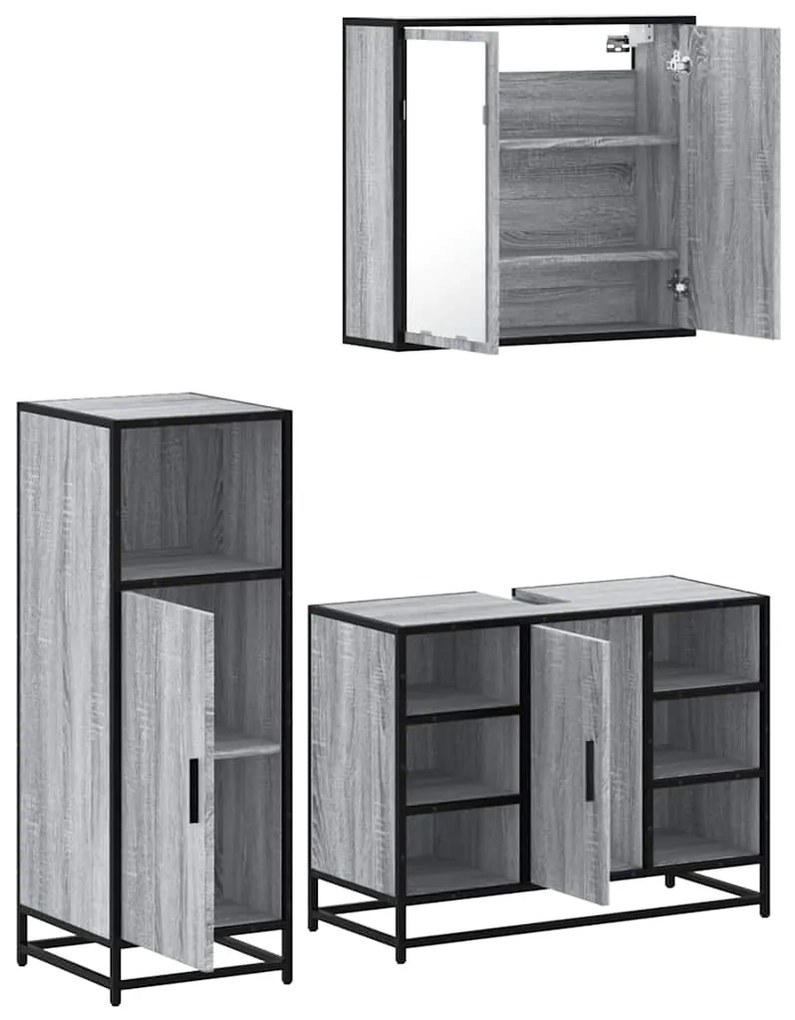 3 pcs Conjunto móveis casa de banho madeira proc. cinza sonoma