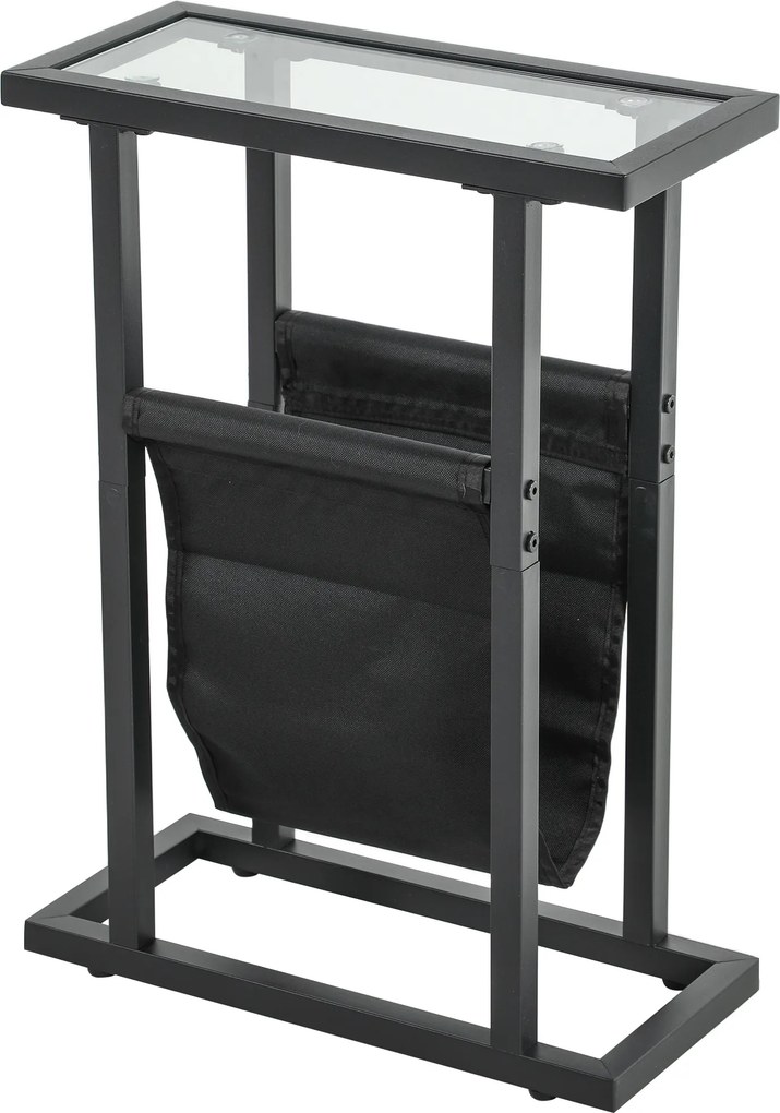 Mesa auxiliar estreita 40 x 18 x 55,5 cm, mesa de canto em metal com porta-revistas e tampo em vidro temperado, preta