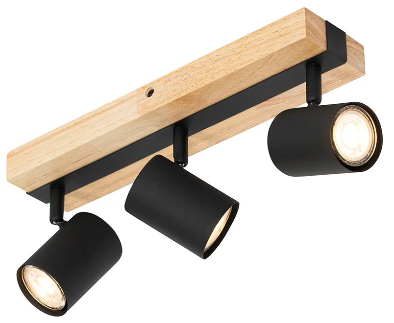 Candeeiro de teto preto com madeira 3 luzes ajustável retangular - Jeana Moderno,Industrial