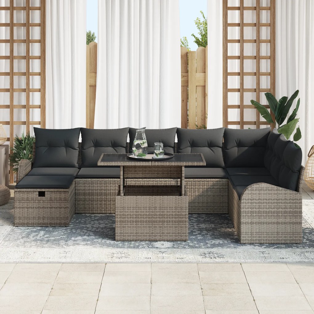Conjunto de Sofá de Jardim de 9 Peças com Almofadas Cinza Rattan Polié