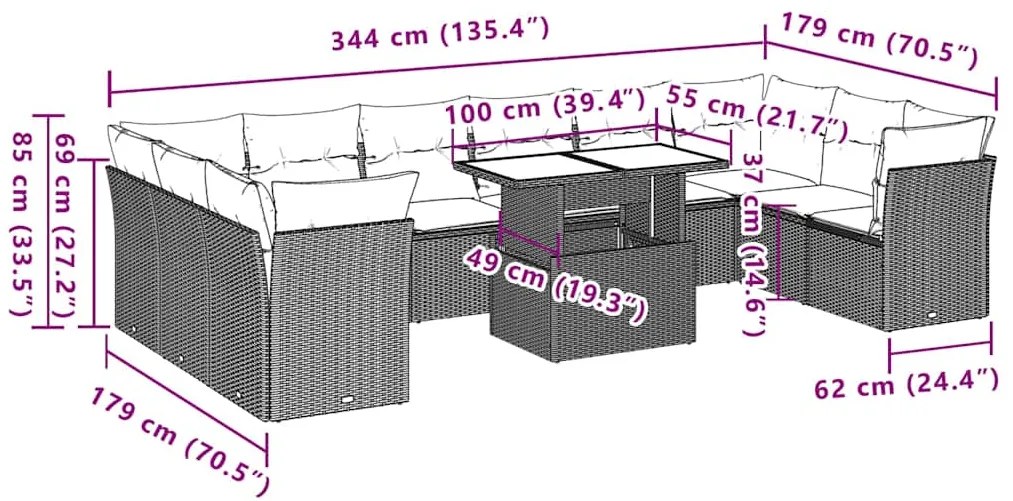 11 pcs conjunto sofás de jardim c/ almofadões vime PE preto