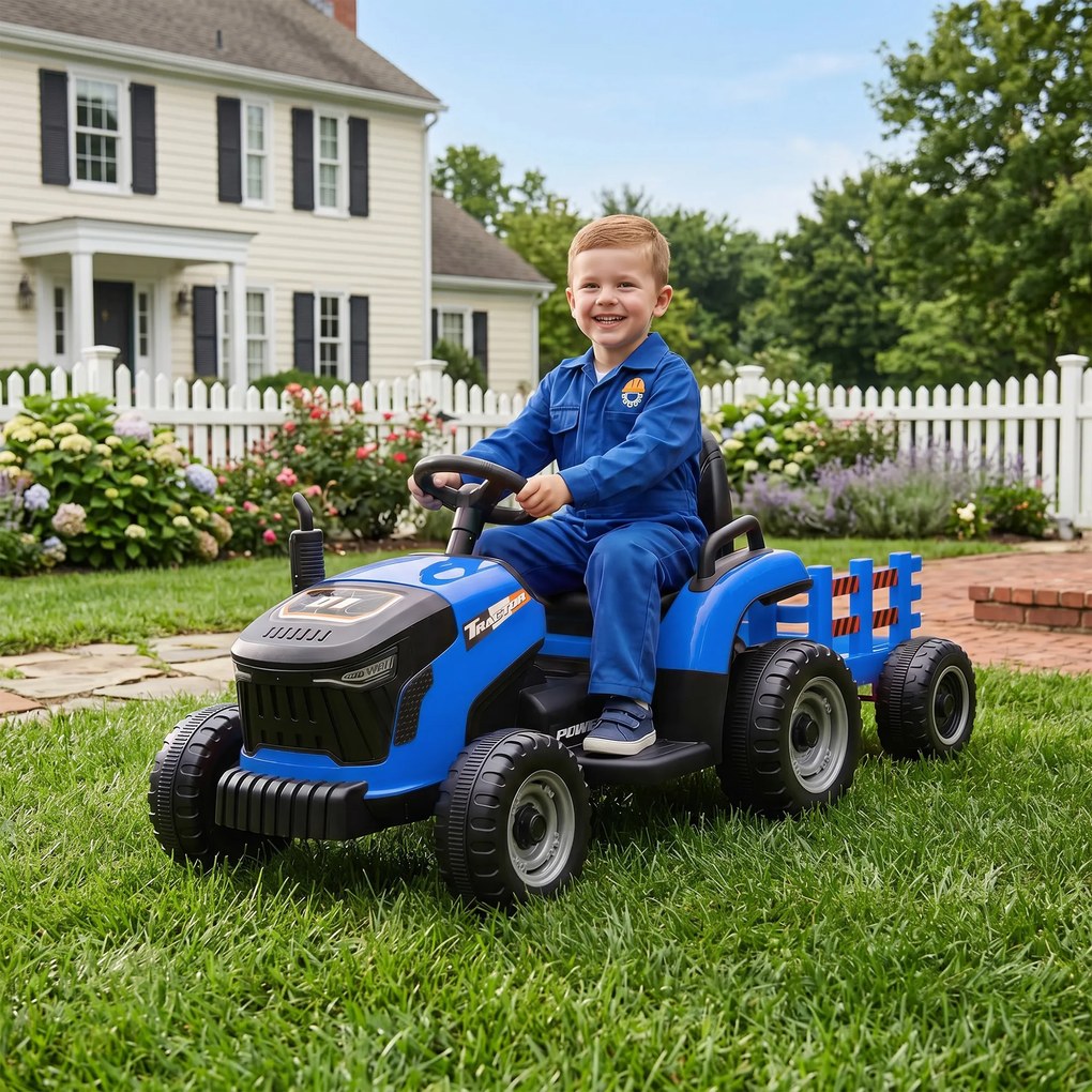 Trator Elétrico para Crianças com Reboque Desmontável Bateria 12V Velocidade 3-5 km/h Controle Remoto 2,4G 139x58x55 cm Azul