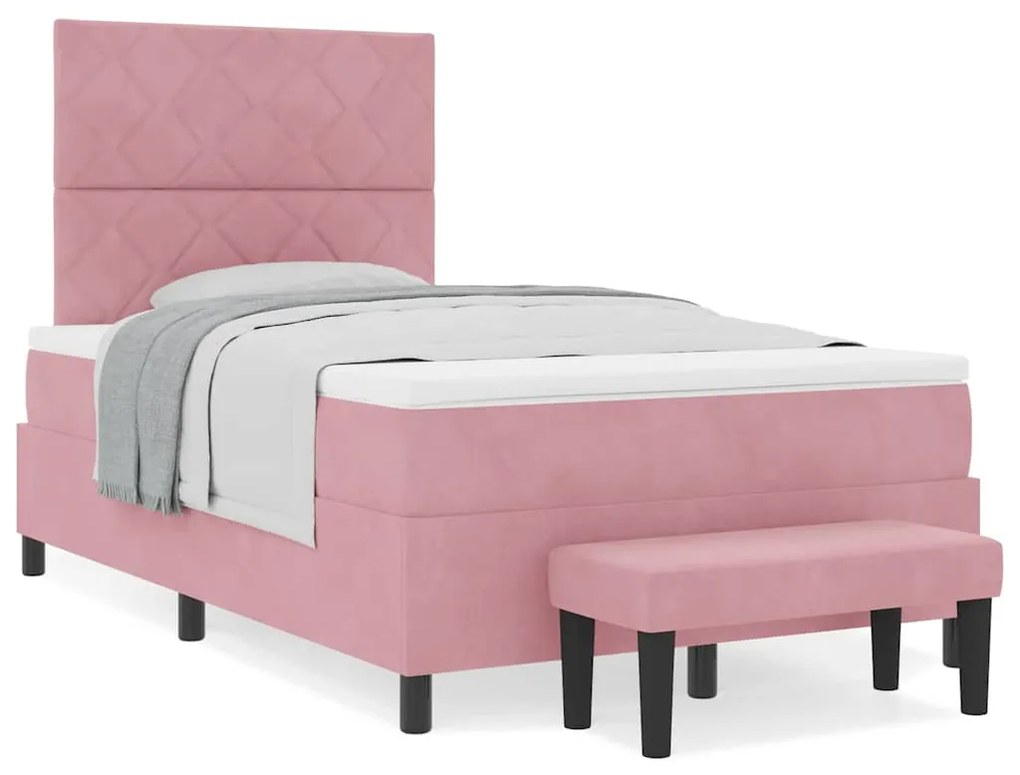 Cama Box Spring com Colchão e Banco em Veludo Rosa 120x190 cm