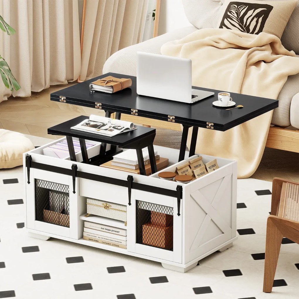 Mesa de centro 105 x 54 x 48,5 cm com tampo elevável estilo rústico, 2 portas deslizantes, 3 compartimentos ocultos, sala de estar, painel branco Pret