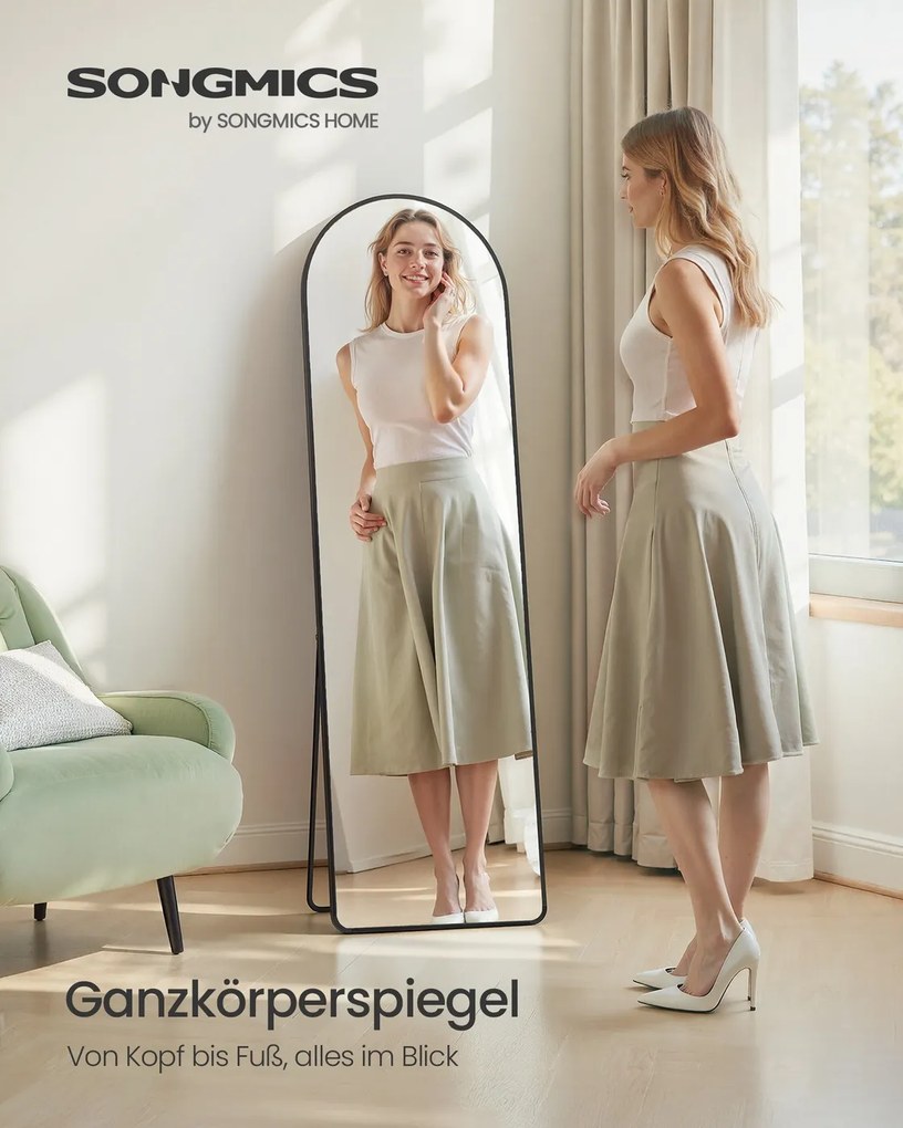 Espelho pé de corpo inteiro com 150 x 40 cm e moldura arqueada em vidro temperado preto