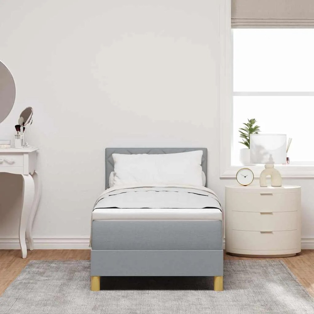 Cama Box Spring com Colchão &amp; LED Cinza Claro 80x200 cm Tecido