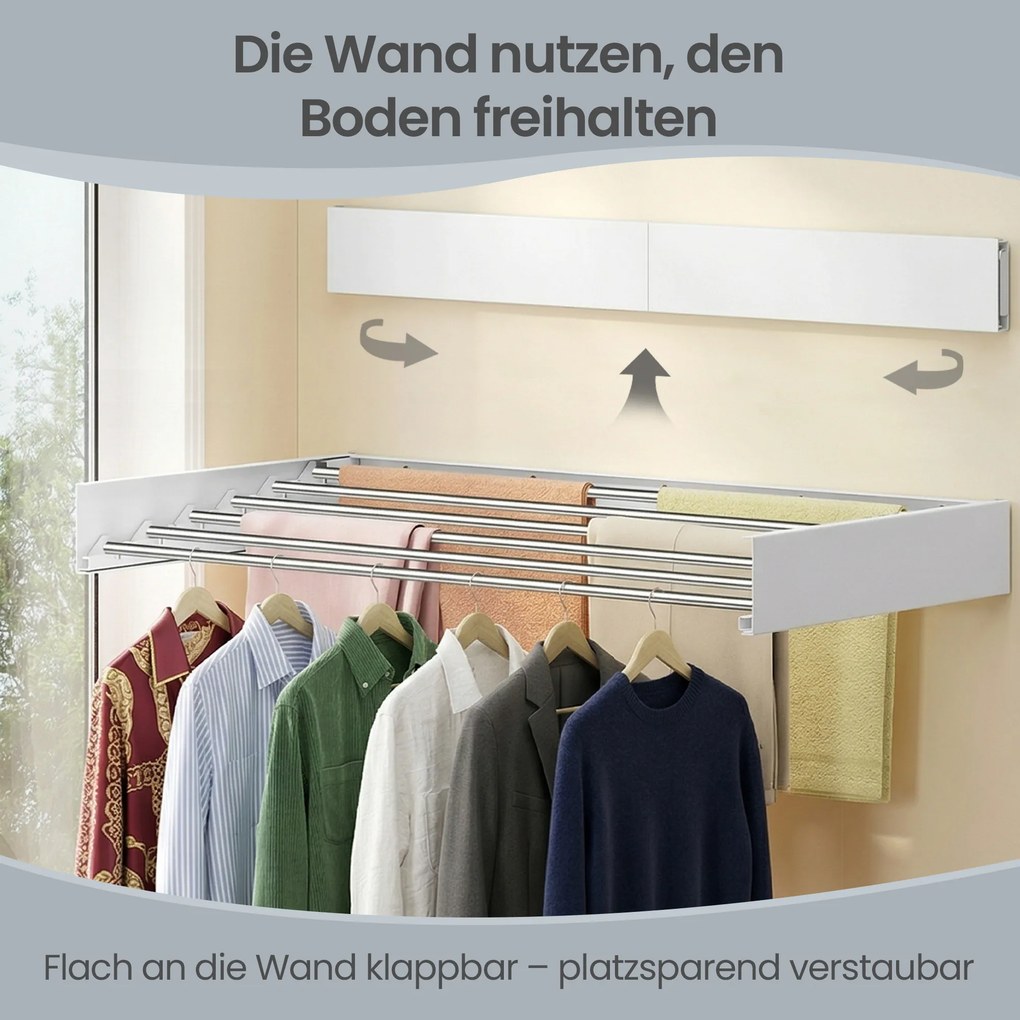 Estendal de roupa de parede extensível 100 x 50 x 10,5 cm, secador de roupa dobrável com 6 varas, que poupa espaço, para interior e exterior branco