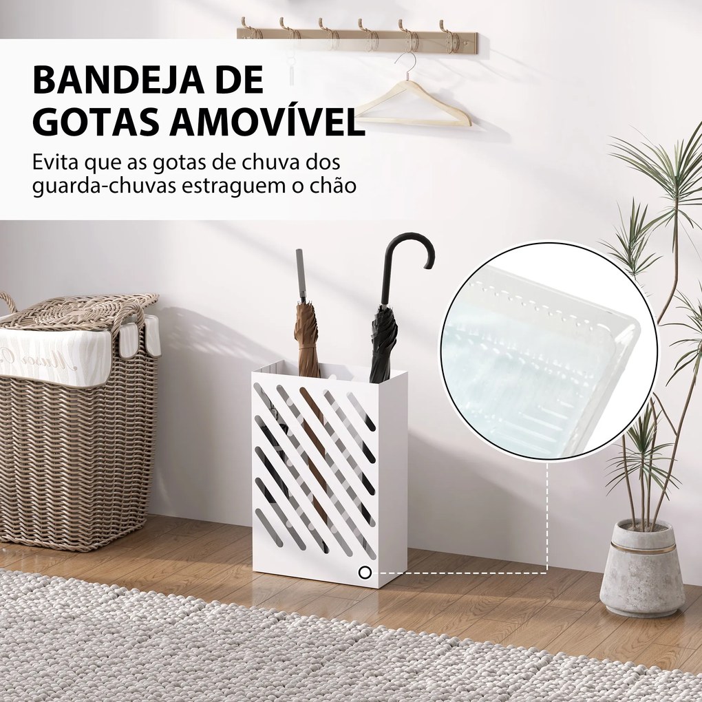 Suporte para Guarda-Chuvas de Aço Galvanizado Estreito com Bandeja de Gotejamento Removível 4 Ganchos 28x14x41 cm Branco