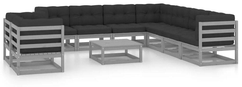 vidaXL 10pcs conjunto lounge de jardim + almofadões pinho maciço cinza