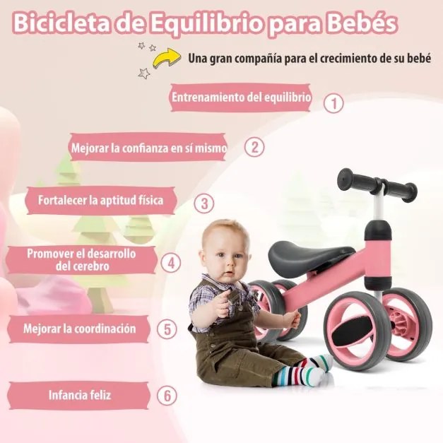 Bicicleta infantil para crianças de 1 a 2 anos Bicicleta infantil de 4 rodas com direção limitada sem pedais 47 x 20 x 37,5 cm Rosa