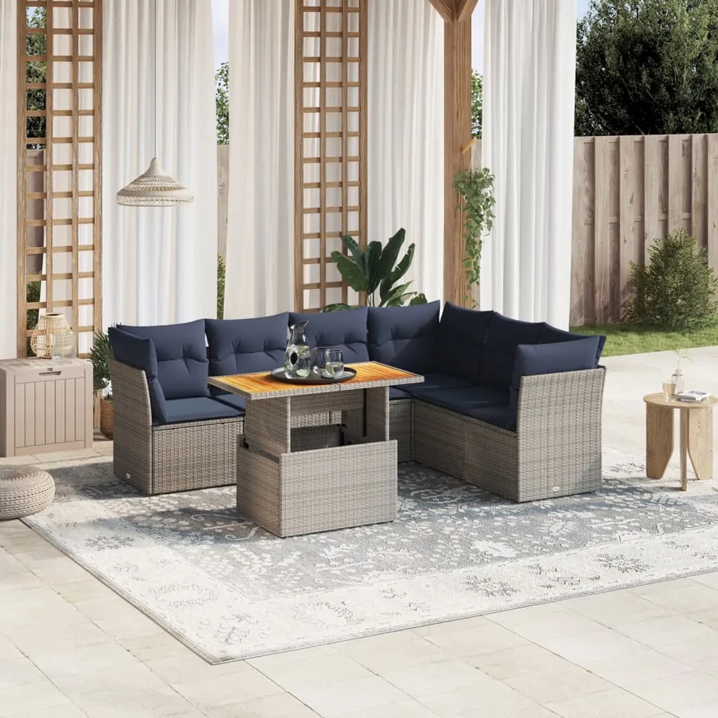 vidaXL 7 pcs conjunto sofás p/ jardim c/ almofadões vime PE cinzento