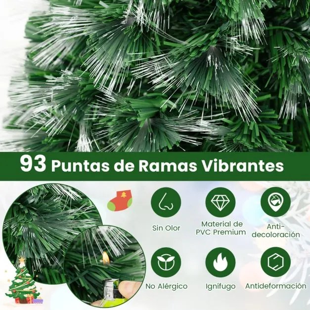 Árvore de Natal de fibra ótica de 95 cm artificial pré-iluminada com 93 pontas de ramos, estrela e suporte metálico verde