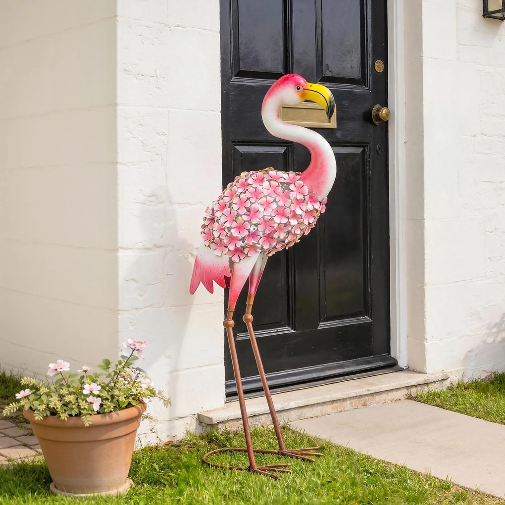 Estátua de Jardim de Flamingo, 28 x 19 x 83 cm, Metal Resistente às Intempéries, Vermelho