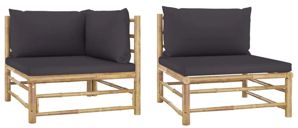 2 pcs conj. lounge jardim em bambu c/ almofadões cinza-escuro