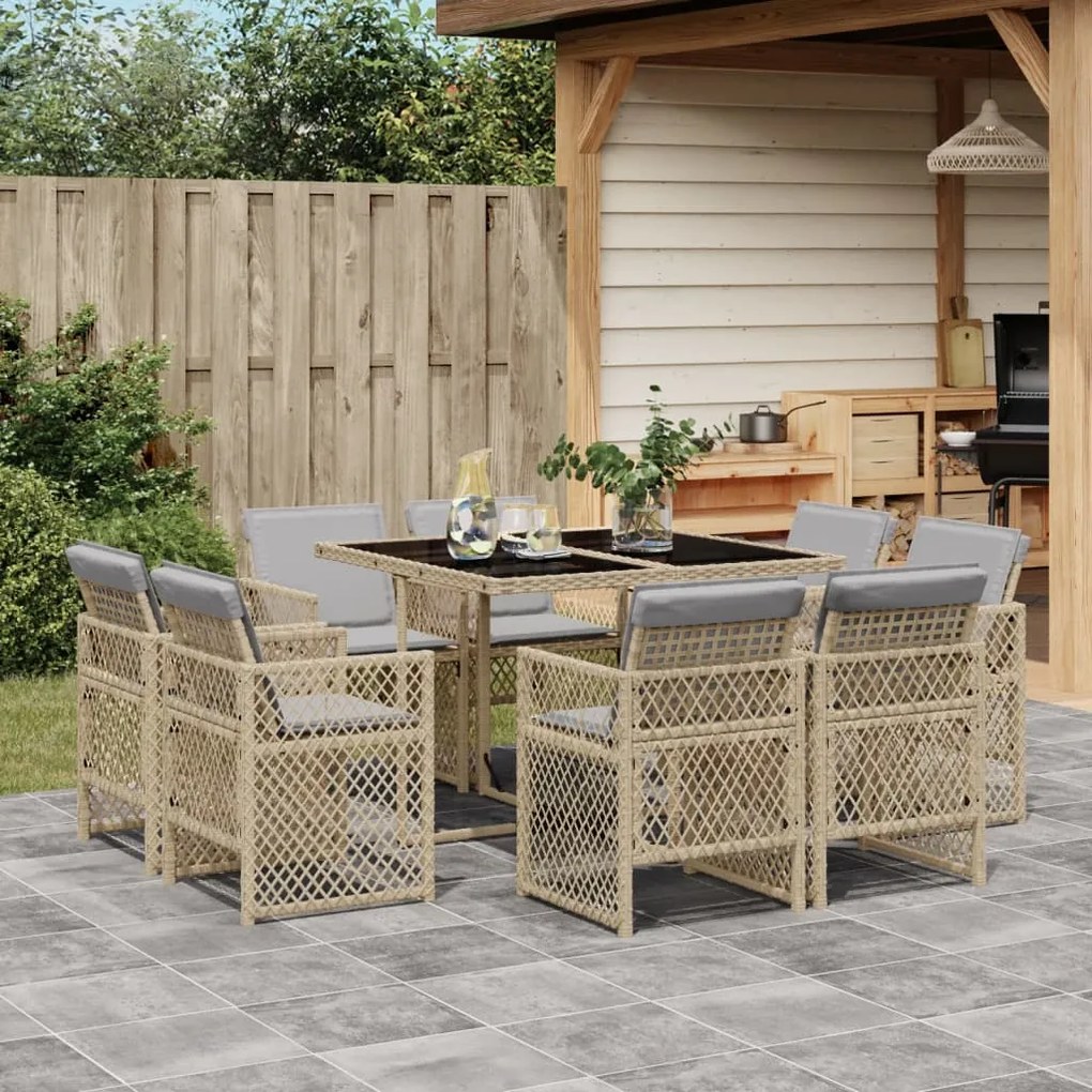 vidaXL 9 pcs conj. jantar jardim c/ almofadões vime PE bege misturado