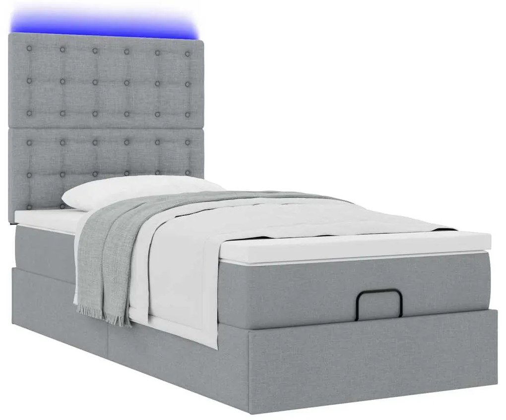 Cama Otomana com colchão & LEDs 90x200 cm tecido cinzento claro