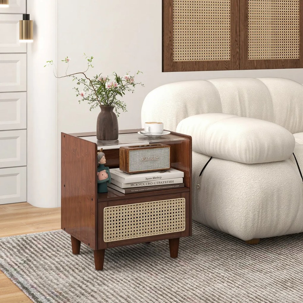 Mesa de cabeceira de bambu e rattan com gaveta e pernas de madeira maciça 43 x 35 x 50 cm Castanho