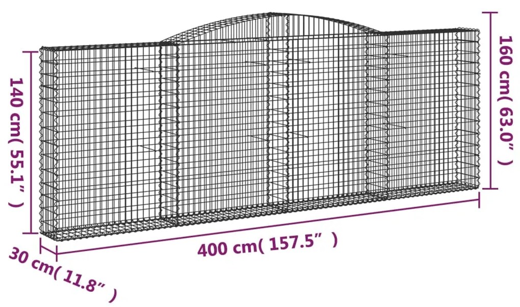 Cestos gabião arqueados 3pcs 400x30x140/160cm ferro galvanizado