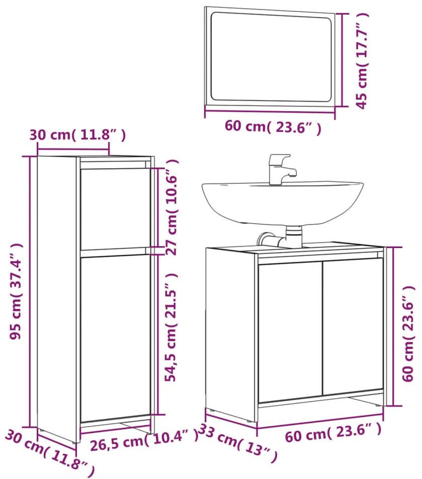 3 pcs Conjunto móveis casa de banho madeira proc. cinza sonoma