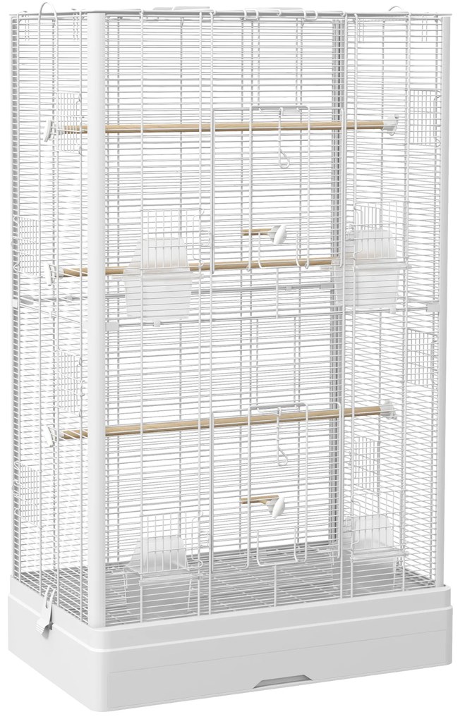 PawHut Gaiola para Pássaros 61x36,5x98 cm com Portas Poleiros Bandeja Removível e Alças para Canários Periquitos Branco