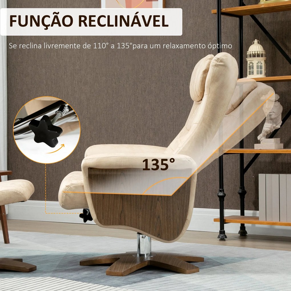 Poltrona Relax com Apoio para os Pés Poltrona Reclinável até 135° e Giratória 360° com Encosto Ajustável para Sala de Estar Escritório 78x83x103cm Beg