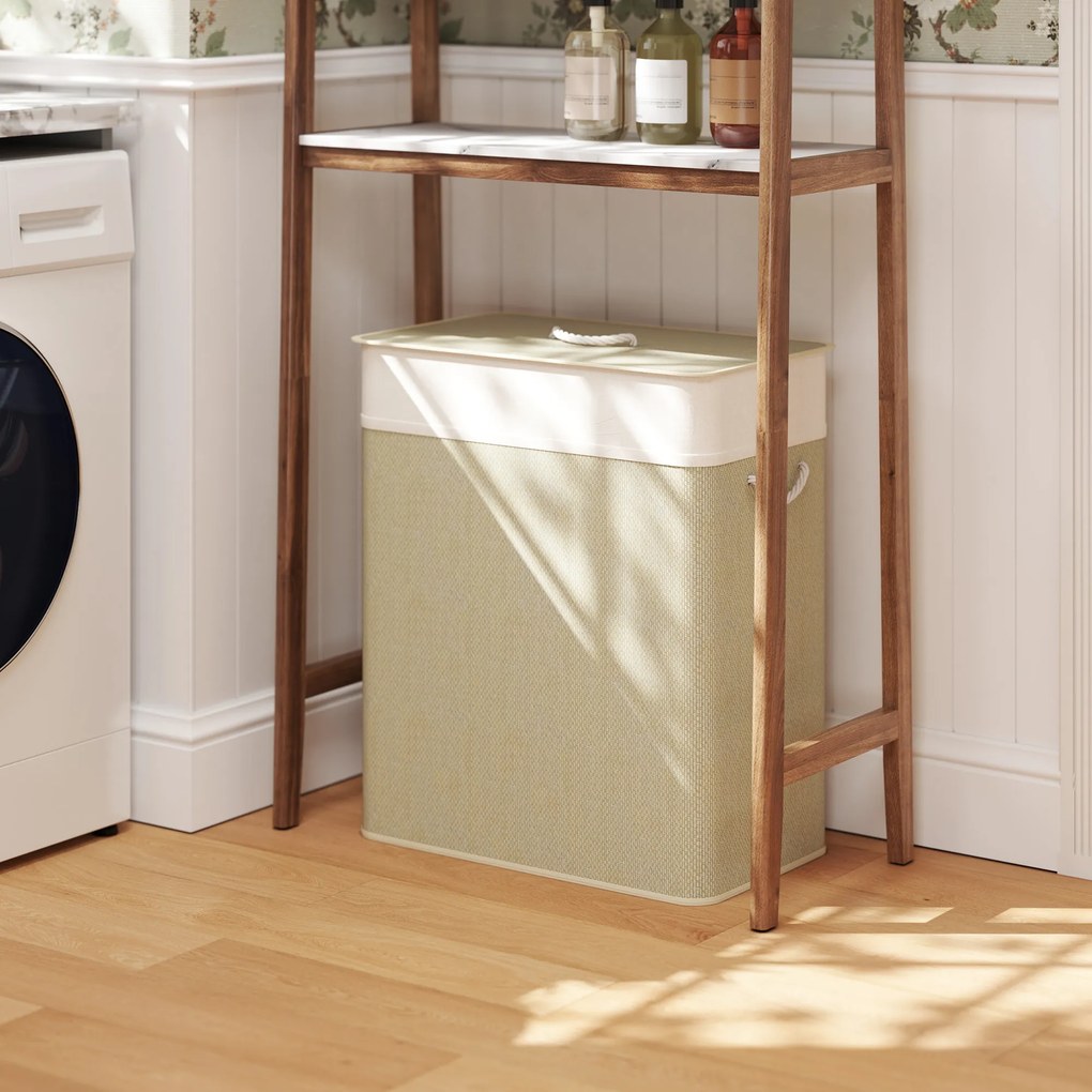 Cesto de roupa suja duplo com tampa 52 x 32 x 63 cm, cesto de roupa suja em bambu de 100 L com alças de corda creme