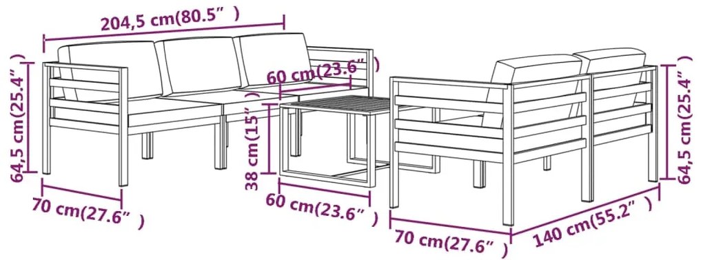 6 pcs conjunto lounge jardim com almofadões alumínio antracite