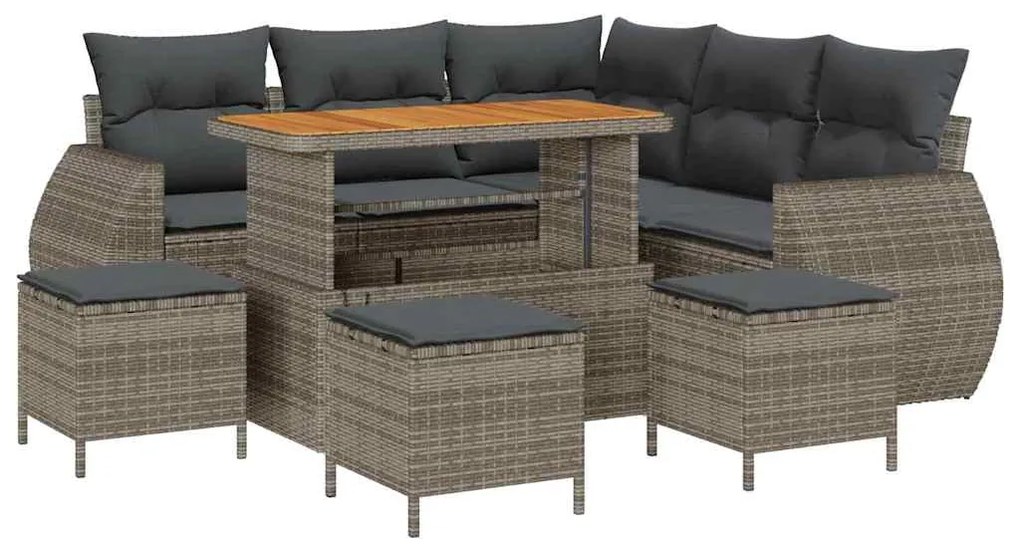 Conjunto de Sofás de Jardim de 9 peças com Almofadas Cinza Rattan Poli