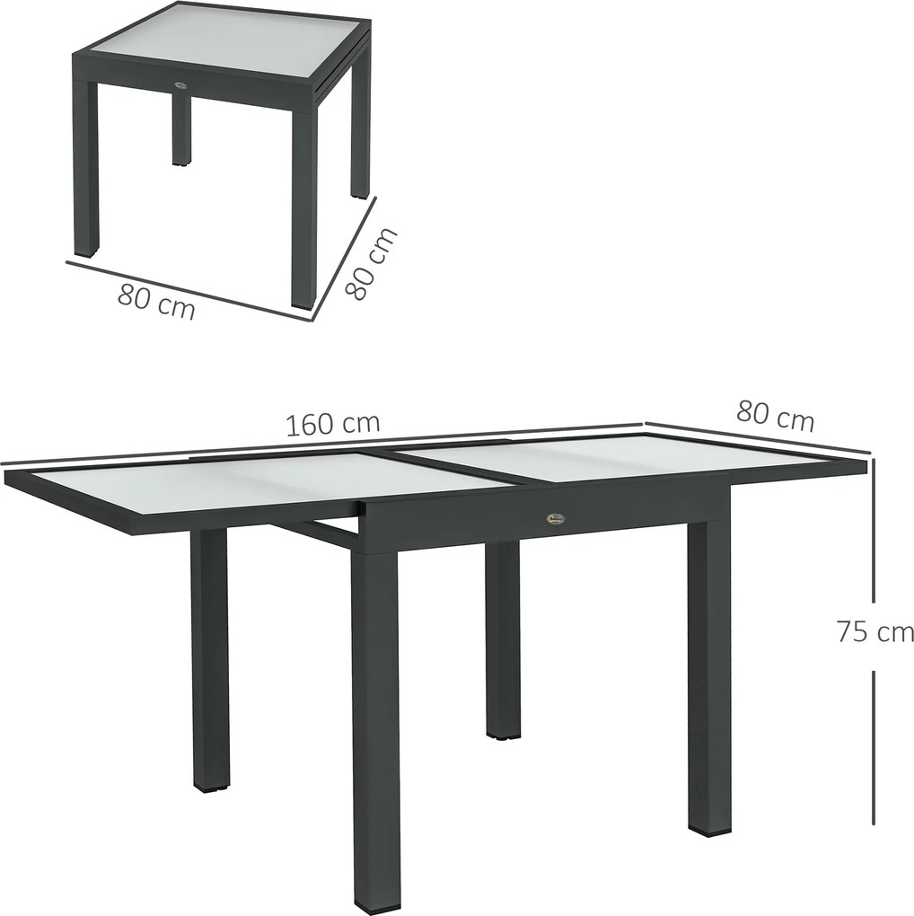 Mesa de jardim extensível dimensões quando aberta: 160 x 80 x 75 cm; estrutura em alumínio; tampo em vidro temperado transparente