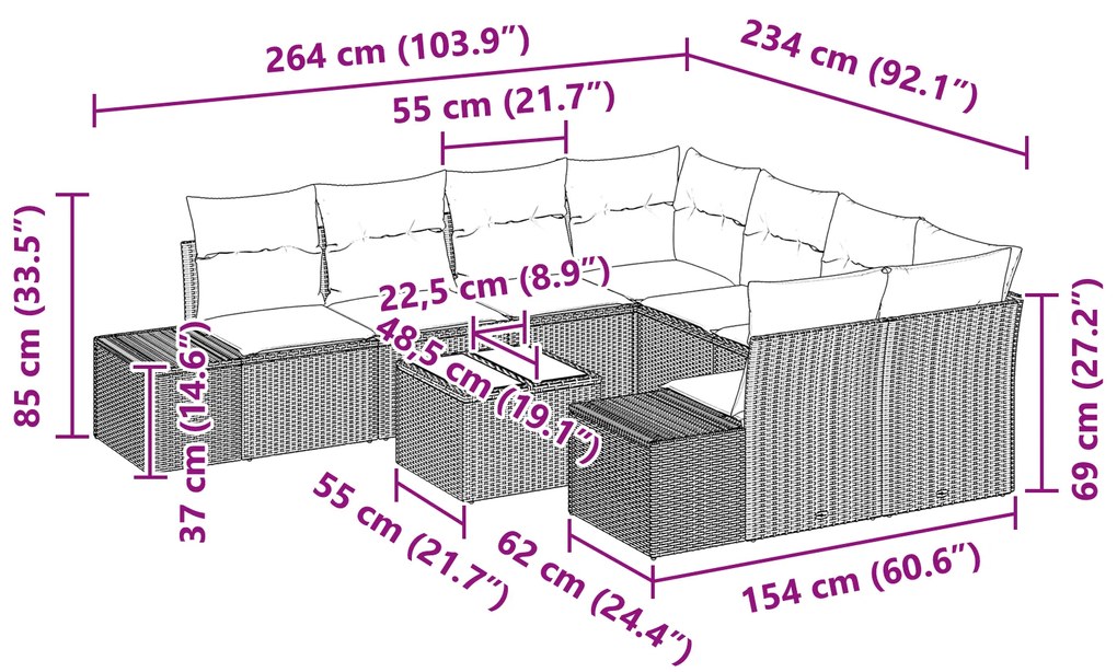 Conjunto de Sofá de 9 Peças com Almofadas Cinza Rattan Poliéster