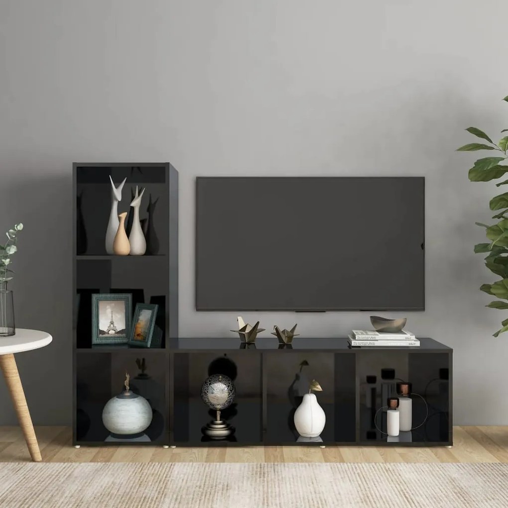3079941 vidaXL Móveis de TV 2 pcs 107x35x37 cm contraplacado preto brilhante