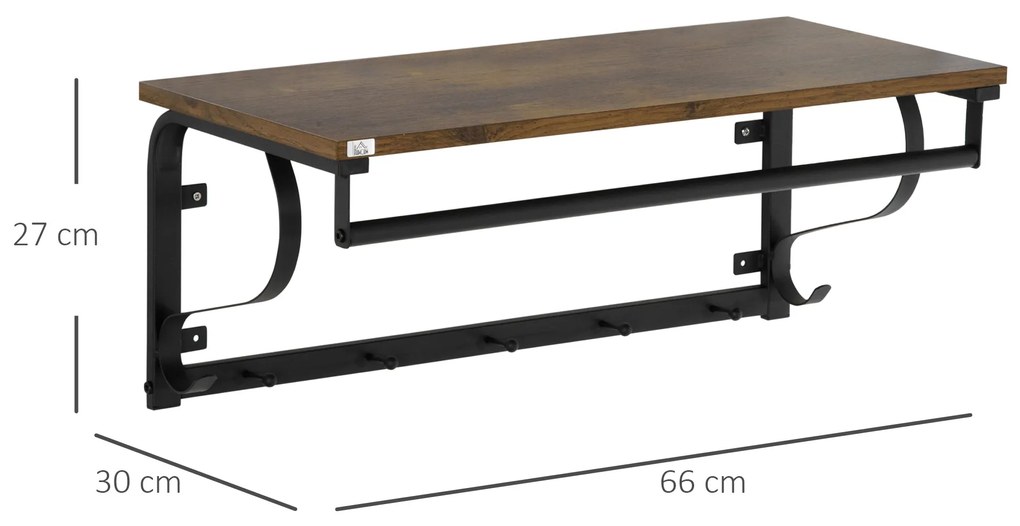 Prateleira de Parede Flutuante com 5 Ganchos e 1 Barra de Aço para Pendurar Roupas Chaves Livros Estilo Moderno 66x30x27cm Madeira e Preto