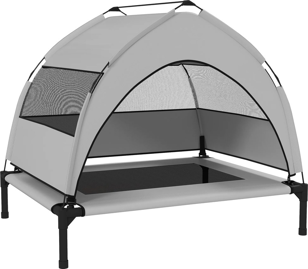 PawHut Cama para Cães Exterior com Toldo Cama Elevada para Cães de Porte Médio com Estrutura de Aço 76x61x70 cm Cinza Claro | Aosom Portugal