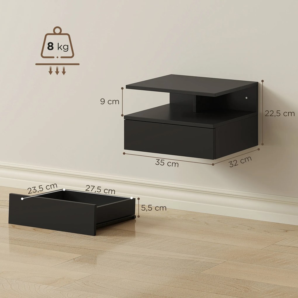 Conjunto de 2 Mesas de Cabeceira Suspensas com Gaveta Montadas na Parede 35x32x22,5 cm Preto
