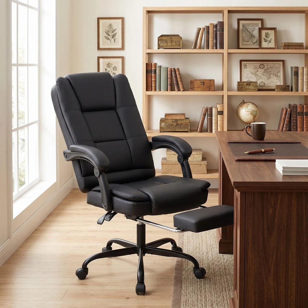 Cadeira de escritório ergonómica, cadeira de escritório reclinável em PU com apoio para os pés retrátil, altura ajustável, preta