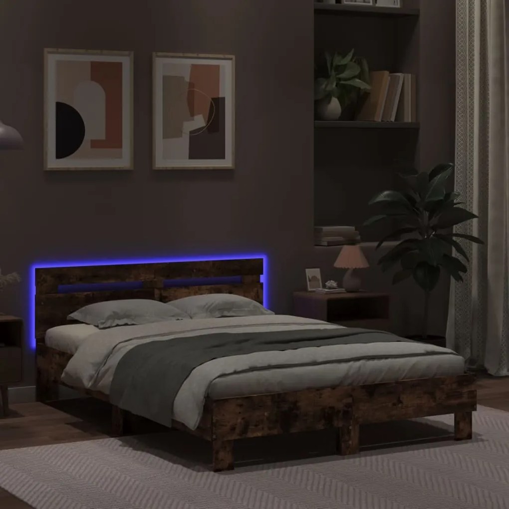 Estrutura cama c/ cabeceira/luzes LED 120x190cm carvalho fumado