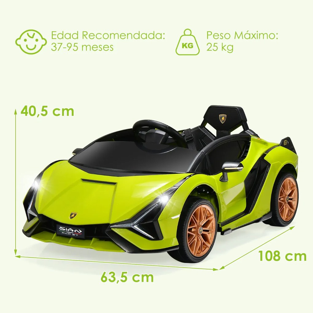 Carro elétrico para crianças bateria de 12 V Lamborghini com controlo remoto Luzes LED Música MP3 Buzina 108 x 64 x 41 cm Verde