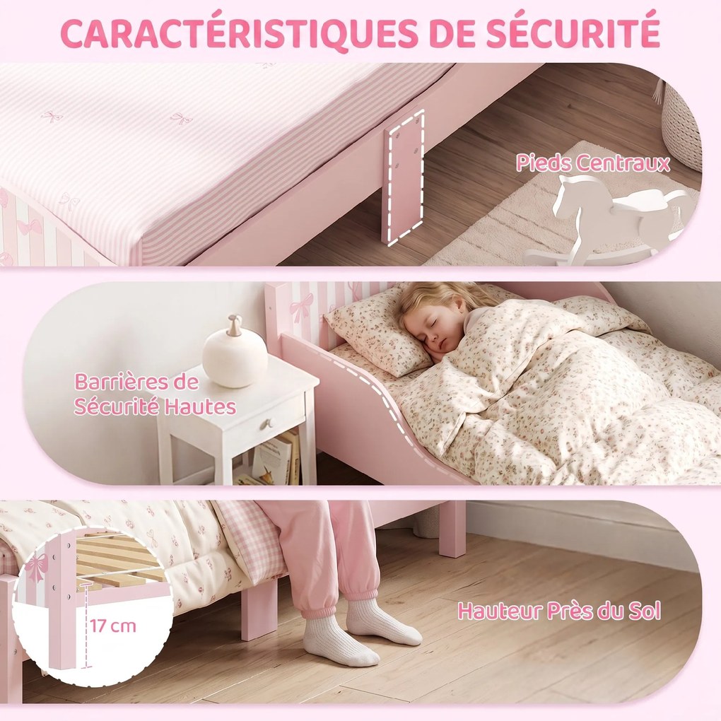 Cama de Criança com Laços, 146 x 76,5 x 54,5 cm (COLCHÃO NÃO INCLUIDO), Barreira de Segurança Elevada, Rosa