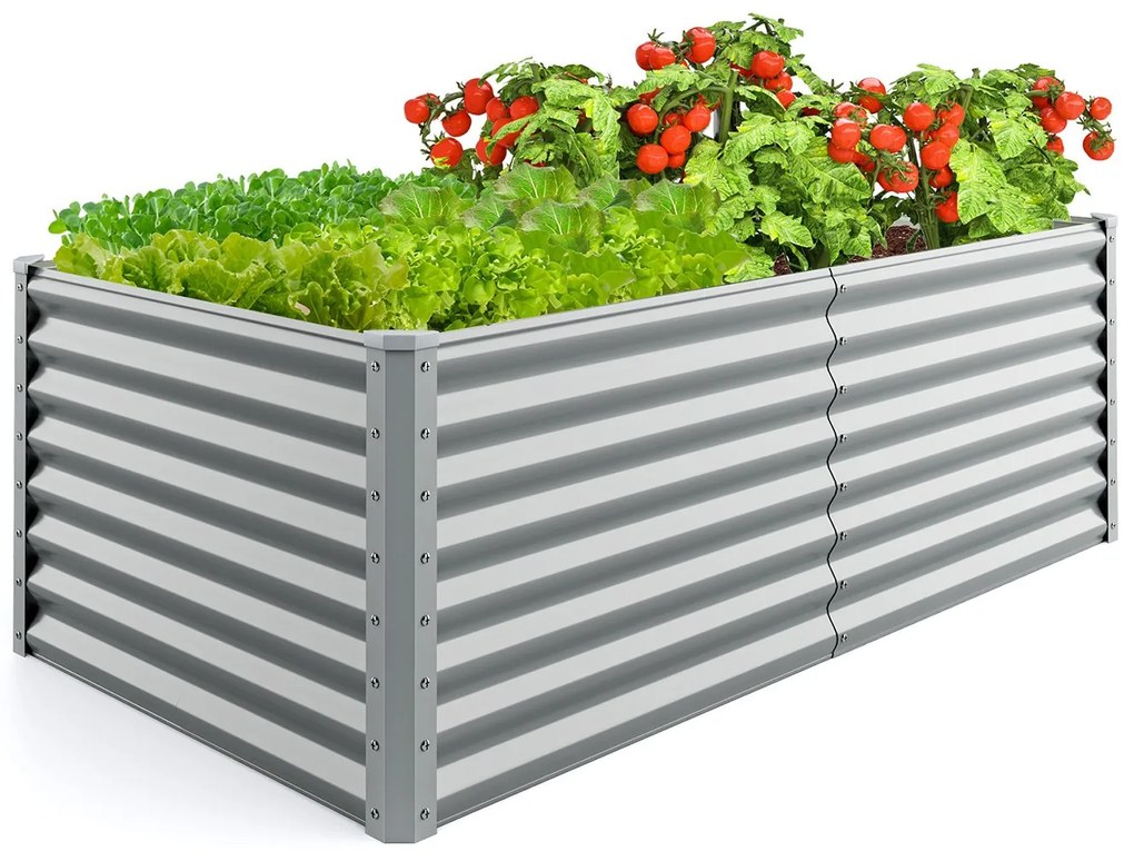 Floreira elevada de metal para jardim 180 x 95 x 60 cm, cama de cultivo retangular com barras reforçadas e fundo aberto, cinzenta