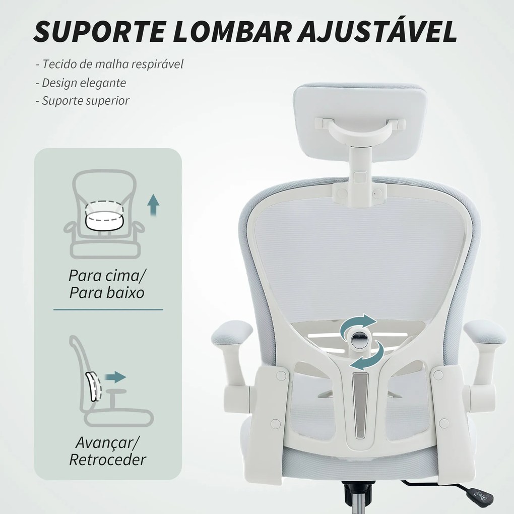 Cadeira de Escritório em Malha com Encosto Alto Apoio de Cabeça Ajustável Suporte Lombar 4D 62x64x120 cm Branco